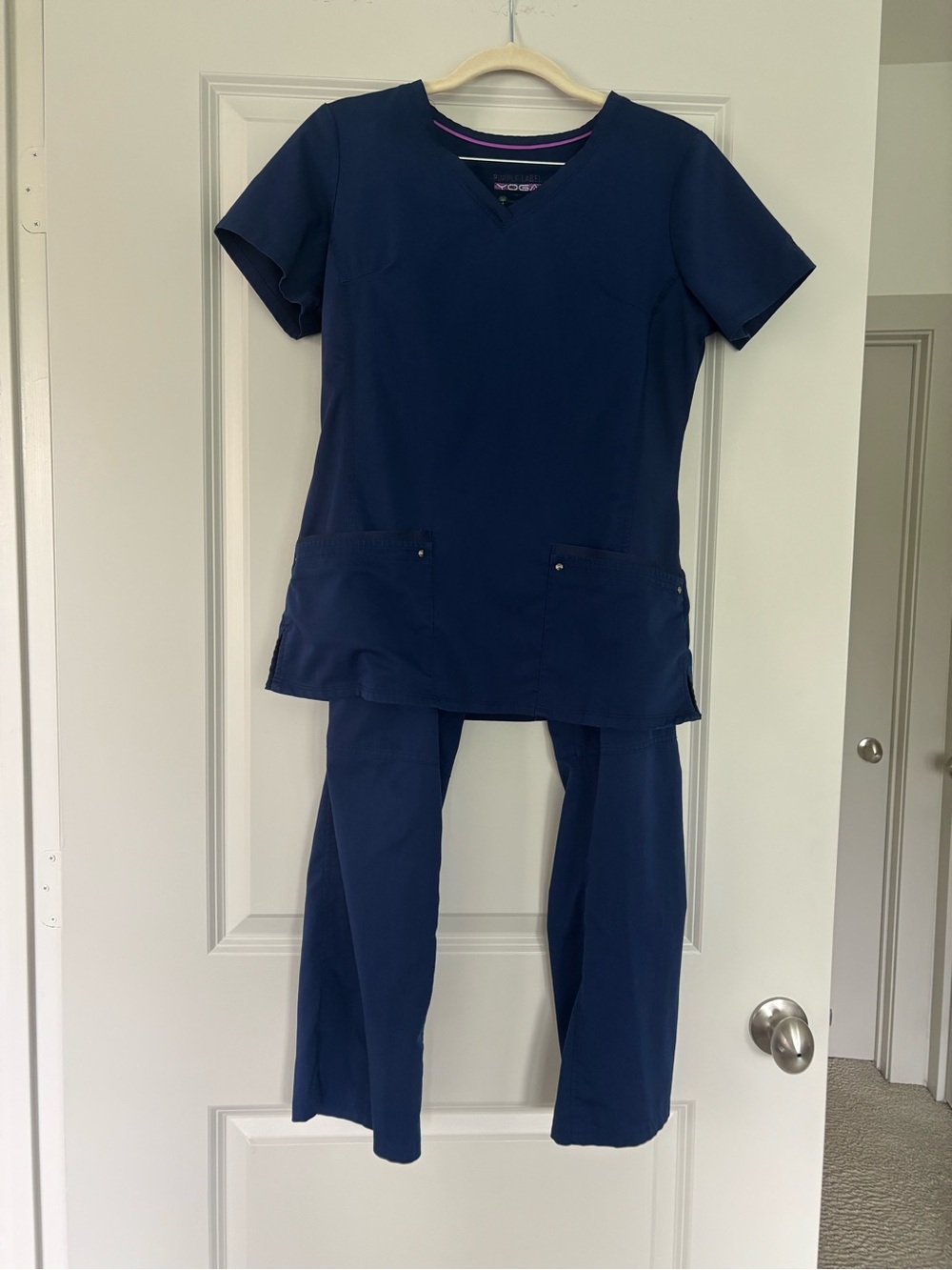 Purple Label Yoga by healing hands Navy Scrub Top & Pants Set